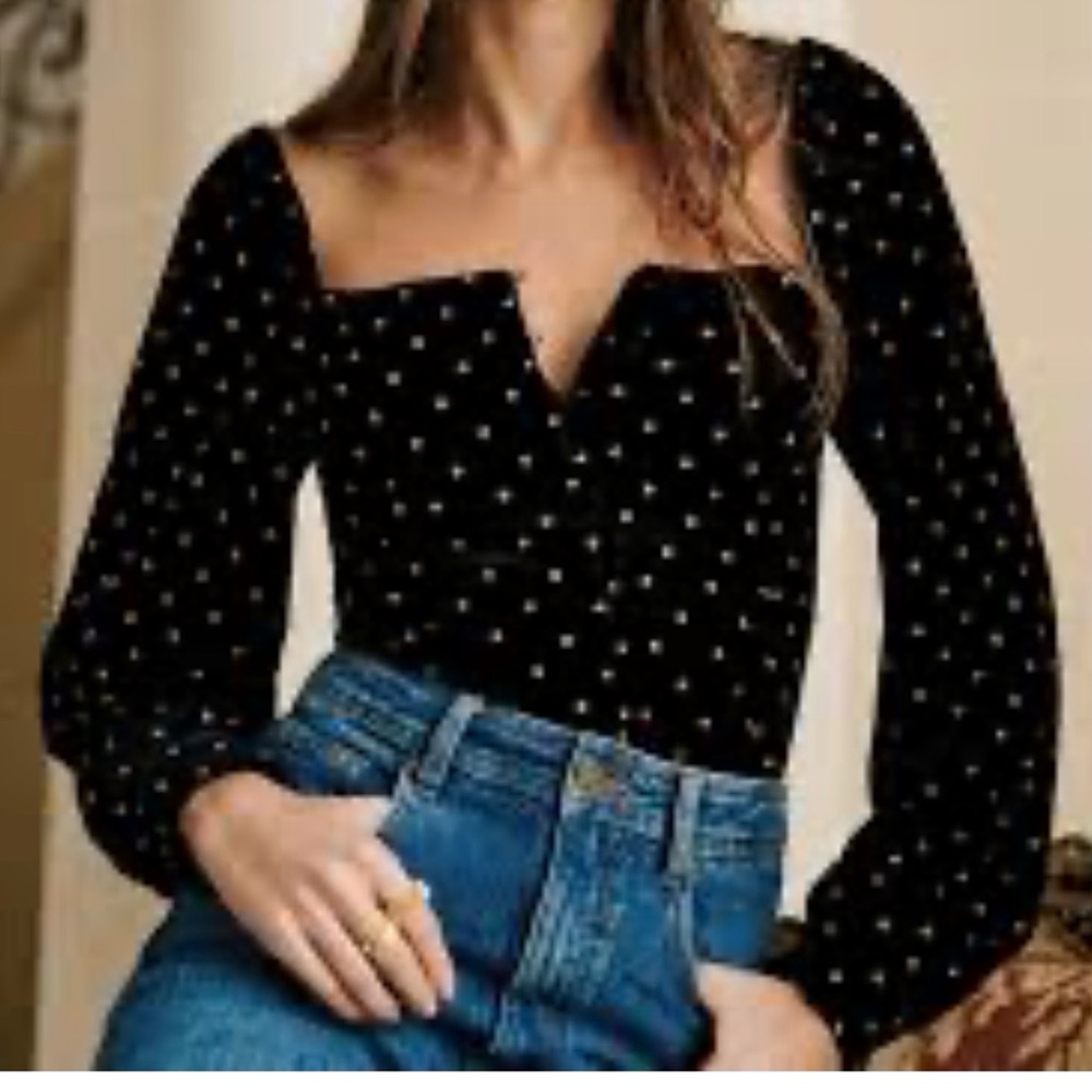 Sézane Velvet Black and Gold Polka Dot Top
